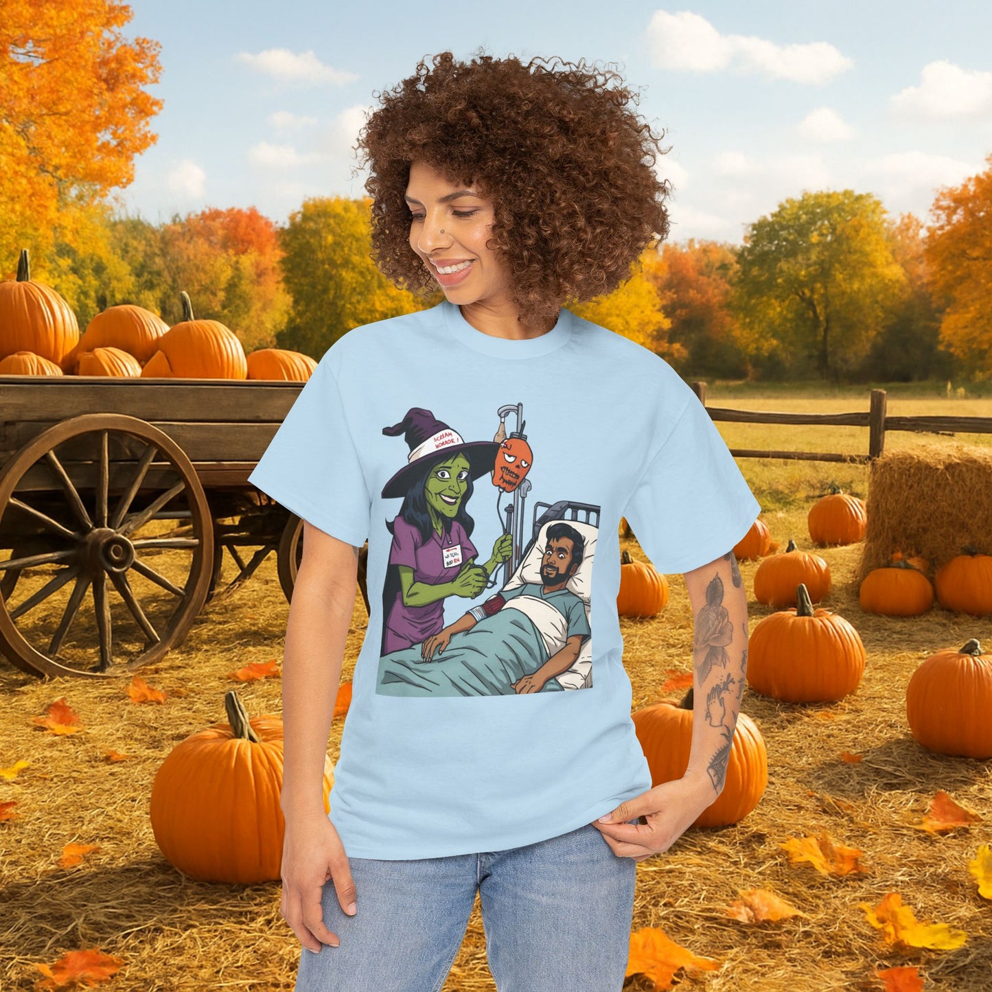 Spooky Halloween Tee, Unisex Cotton T-Shirt, Funny Graphic Shirt for Halloween, Casual Wear, Fall Festival Outfit, Unique Gift Idea, Nurse Witch